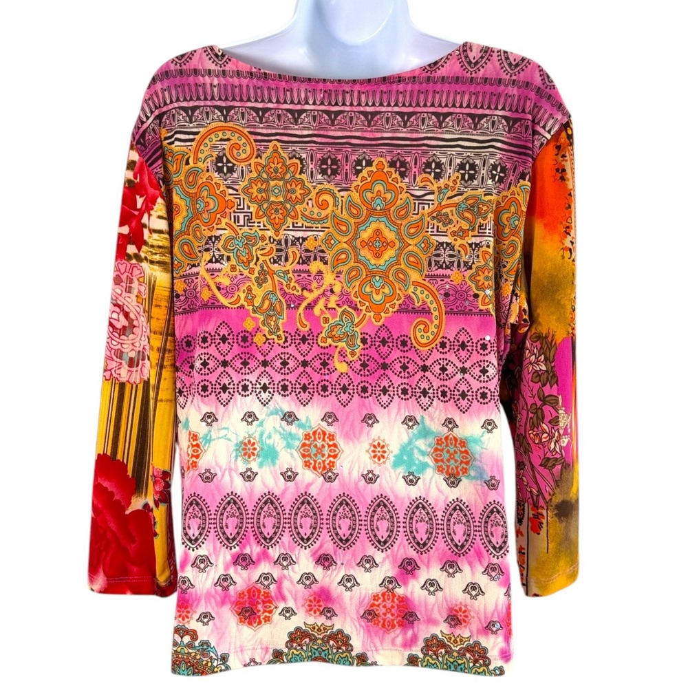 Patchwork Y2K Boho Top Sz XL Pink Stretch Indie Hippie Cottage Folksy - Picture 4 of 8